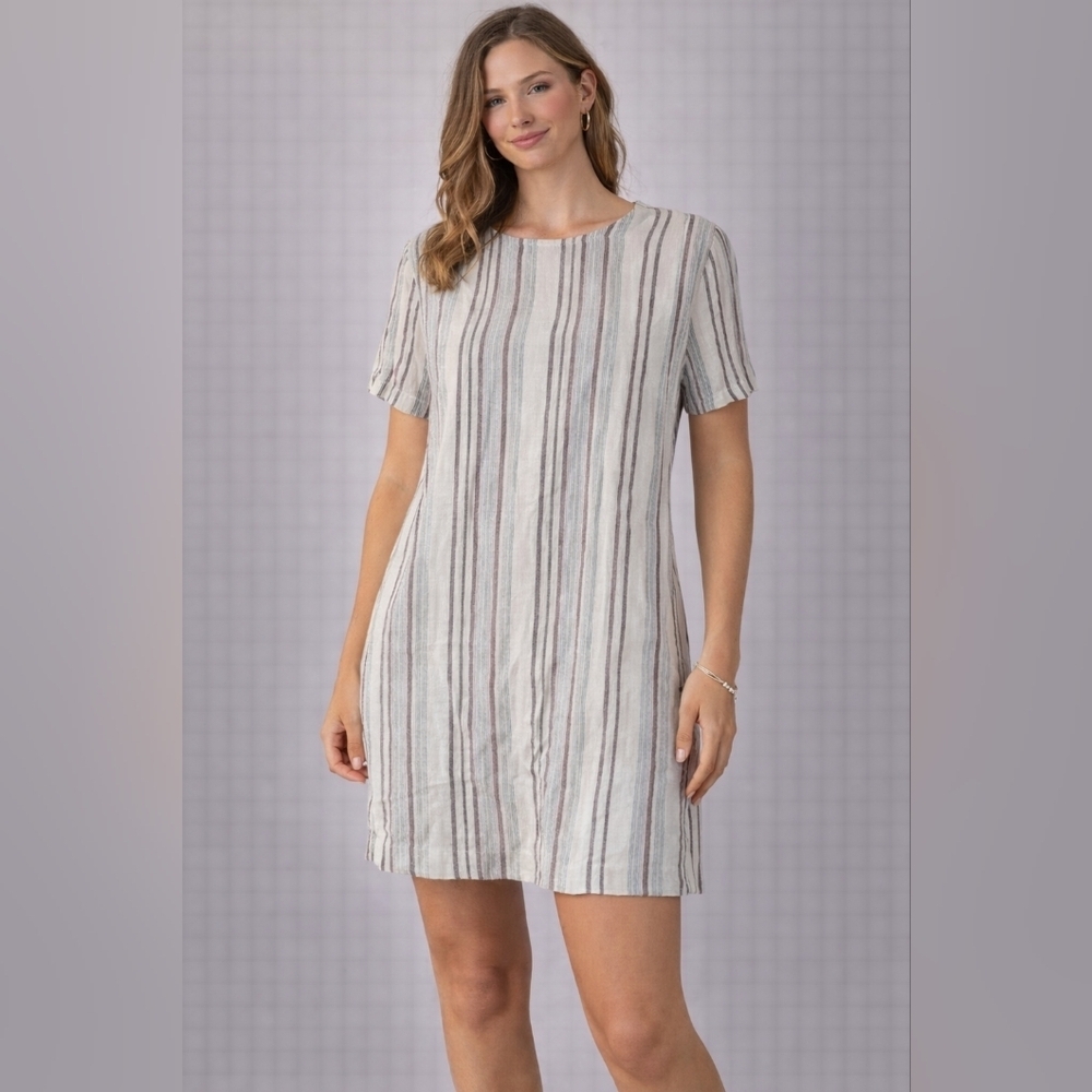 Cloth & Stone White Striped Mini Short Sleeves Linen Blend Sz M